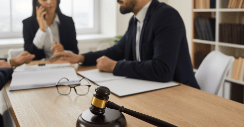 overleg met een advocaat aan een tafel en een recht hamer